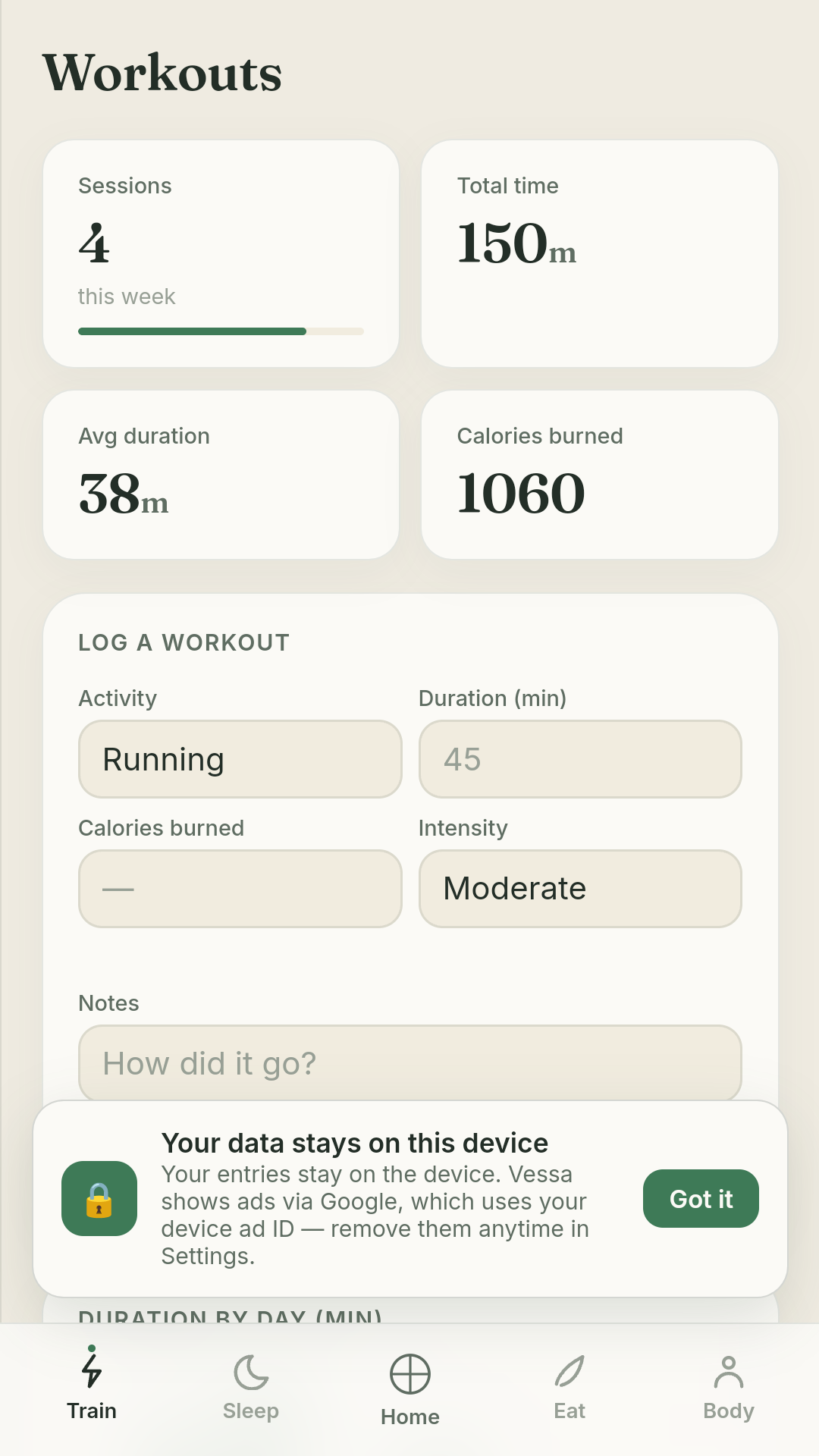 Vessa training screen with workouts and steps