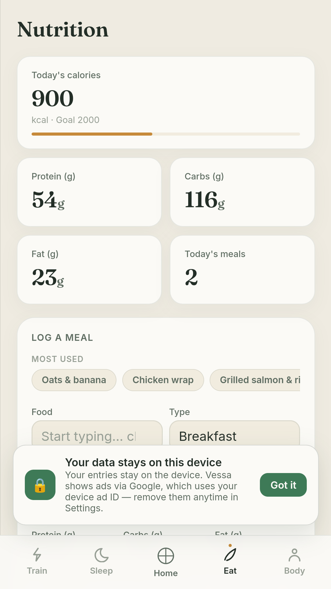 Vessa nutrition screen with meals and macros